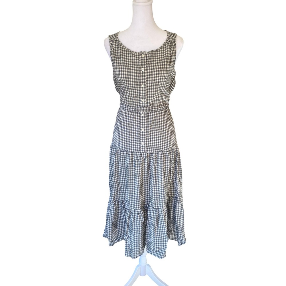 Gingham Button Front Tiered Black Midi Maxi Dress Medium Femme Romantic Prairie